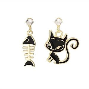 Cat and Fish Bone Earrings Black Cat Gold Tone Post Earrings